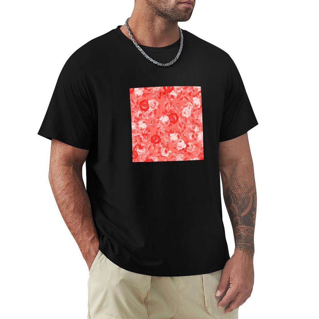 Living Coral Vintage Roses Floral Pattern Tshirt Basic Short Sleeve Tshirt For Unisex