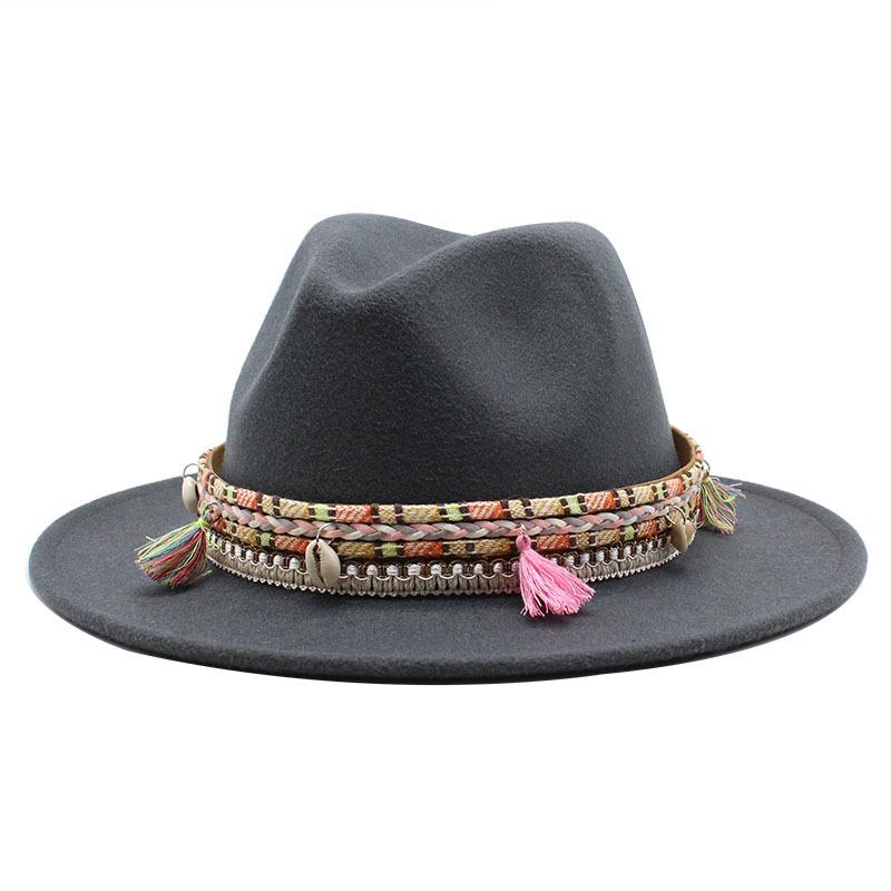 Woolen Top Hat, Fringed Minority Style Jazz Hat, Retro Flat-Brimmed Big Eaves Hat.