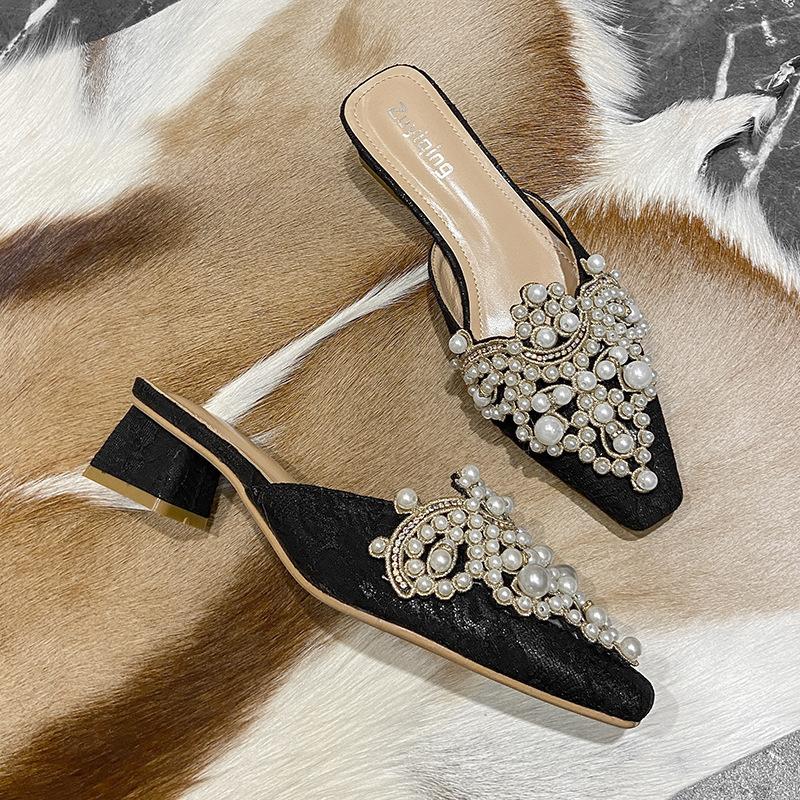 Fashion Pearl Half Slippers Women Shoe Autumn Rhinestone Chunky Mid Heel Slipper Sandals Fashion Muller Casual Versatile Single Shoes