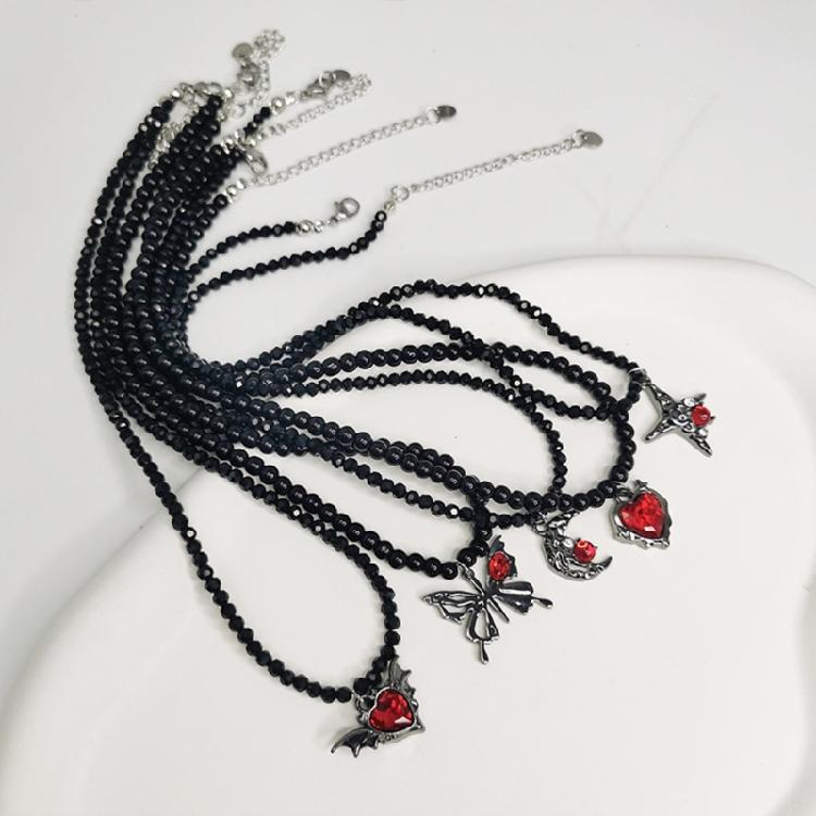 Fashionable Necklace Adornment With Black Crystal Beads Highlighting Heart And Butterfly Symbols For Modern Women