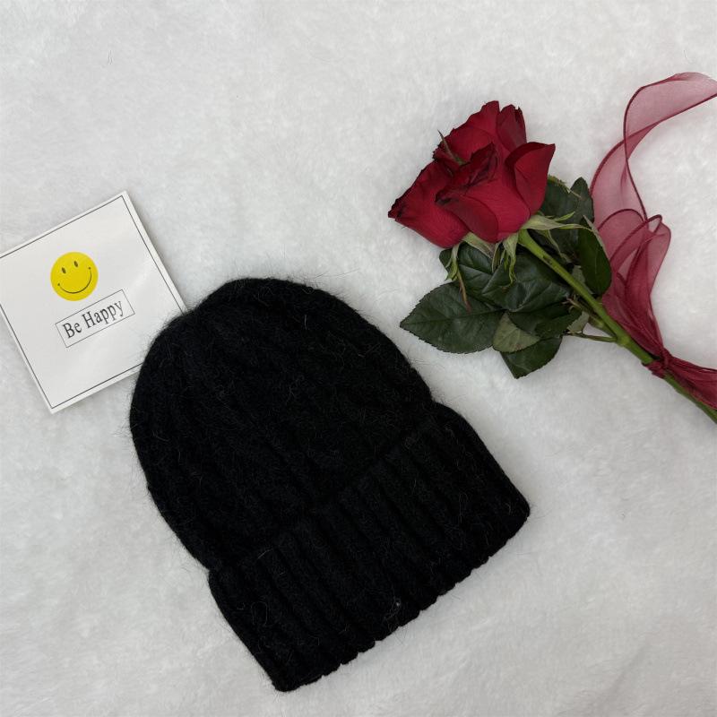 New rabbit fur knitted hat women's solid color twist wool hat winter outdoor warm single-layer ear protection pullover hat