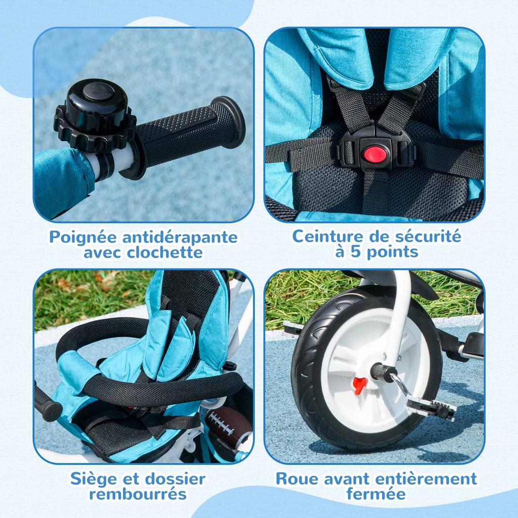 6-in-1 Children's Tricycle, Canopy, 5-Point Harness, Footrests, Brake, 1-5 Years, Blue
