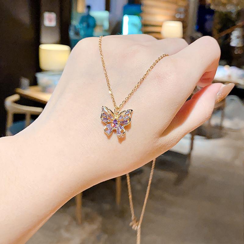 Luxury Zircon Butterfly Pendant Necklace Stainless Steel Fashion Simple Choker Jewelry Birthday Gifts For Women Girls