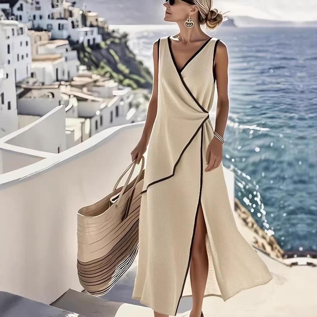 2026 Elegantes asymmetrisches ärmelloses Sommerkleid für Damen mit V-Ausschnitt, einfarbig