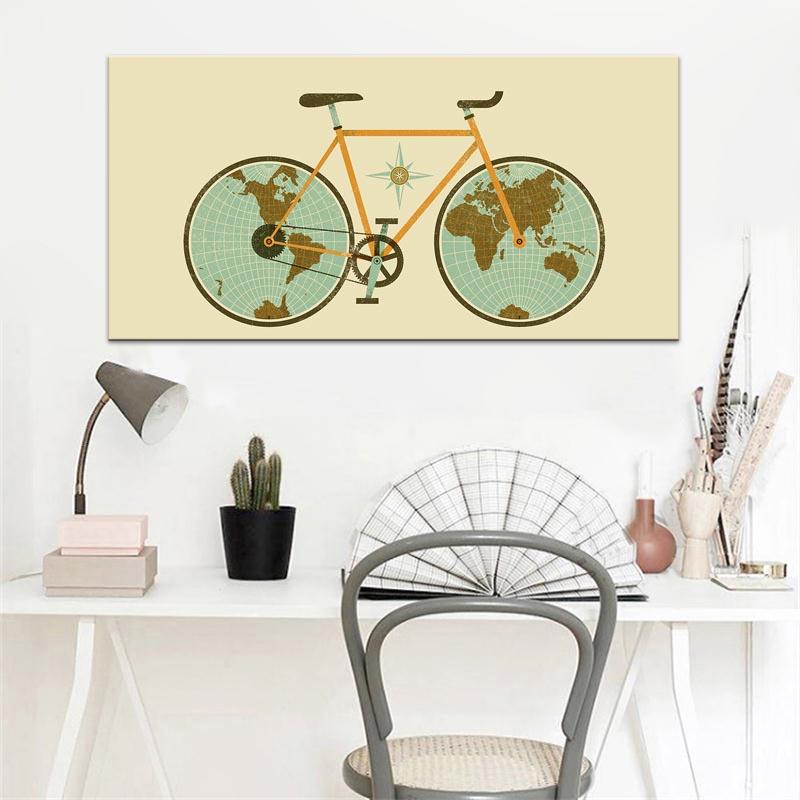 Abstract World Map On Bicycle Wheels Canvas Painting Posters and Prints Wall Art Pictures for Cuadros Living Room Decor No Frame