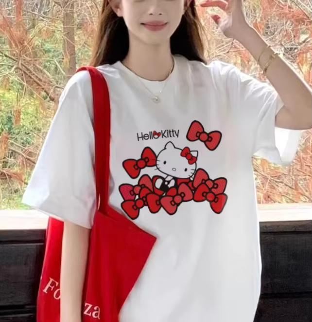 

2026 Summer Hello Kitty Tshirt High Quality 100 Cotton White Red Bow Graphic Print Unisex Retro Casual Y2K Tee S