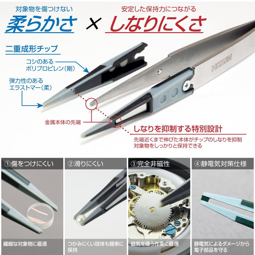 HOZAN ESD Soft Tip Overall Length Opening Width Tip Width Straight Tweezers, Anti-Static Tweezers, 125mm, 10mm, 1.5mm, Type, P-640-J