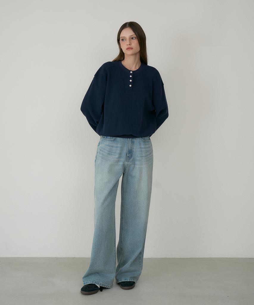 DEHEVE Check Henley-Neck Sweatshirt [Navy]