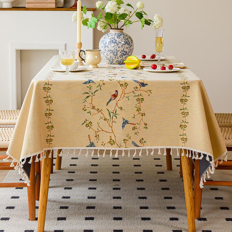 Cotton And Linen Tablecloth Light Luxury High Sense Apricot Green Branch Embroidery French Retro Rectangular Tablecloth Dining Table Round Table