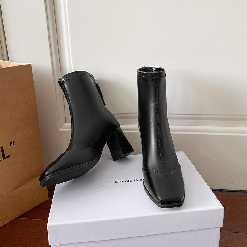 Square head boots high heel short boots women's 2025 autumn and winter new thin single boots early autumn Martin boots Korean small ankle boots