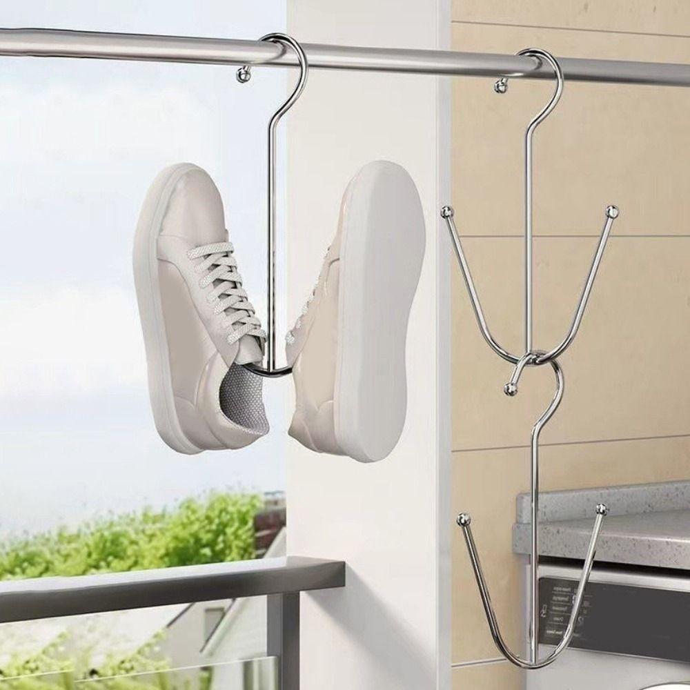 5PCS Stainless Steel Double Hook Shoe Rack Space Saving Sports Shoes Hooks Outdoor Balcony