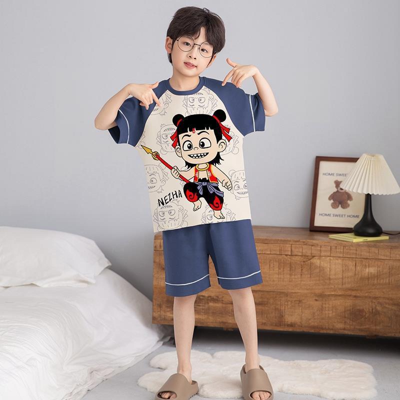 Boys Cotton Short Sleeve Pajama Set Lightweight Sleepwear Kids Teens Home Outfit