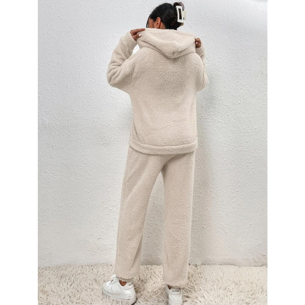 Autumn and Winter Solid Color Women's Clothing, Hooded Long Sleeved Patch Pocket Casual Pants Home Two-piece Set