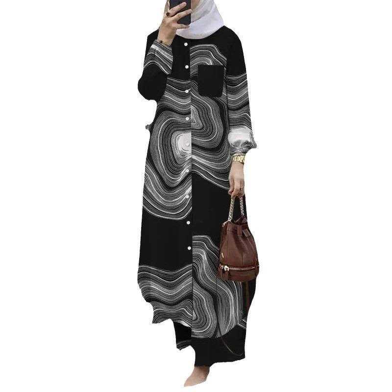 Muslim Women's Clothing Arabian Fashion Printed Lapel Bubble Sleeve Shirt Pants Set