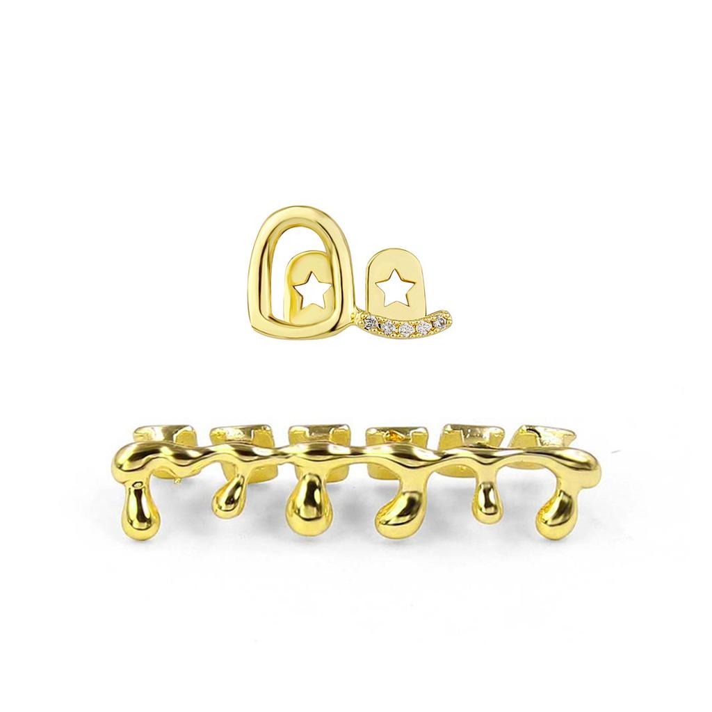 Double Zircon Hollow Double Teeth Set Daily Street Cool Diamond-Encrusted Gold Teeth Hip-Hop Versatile Gold Accessories