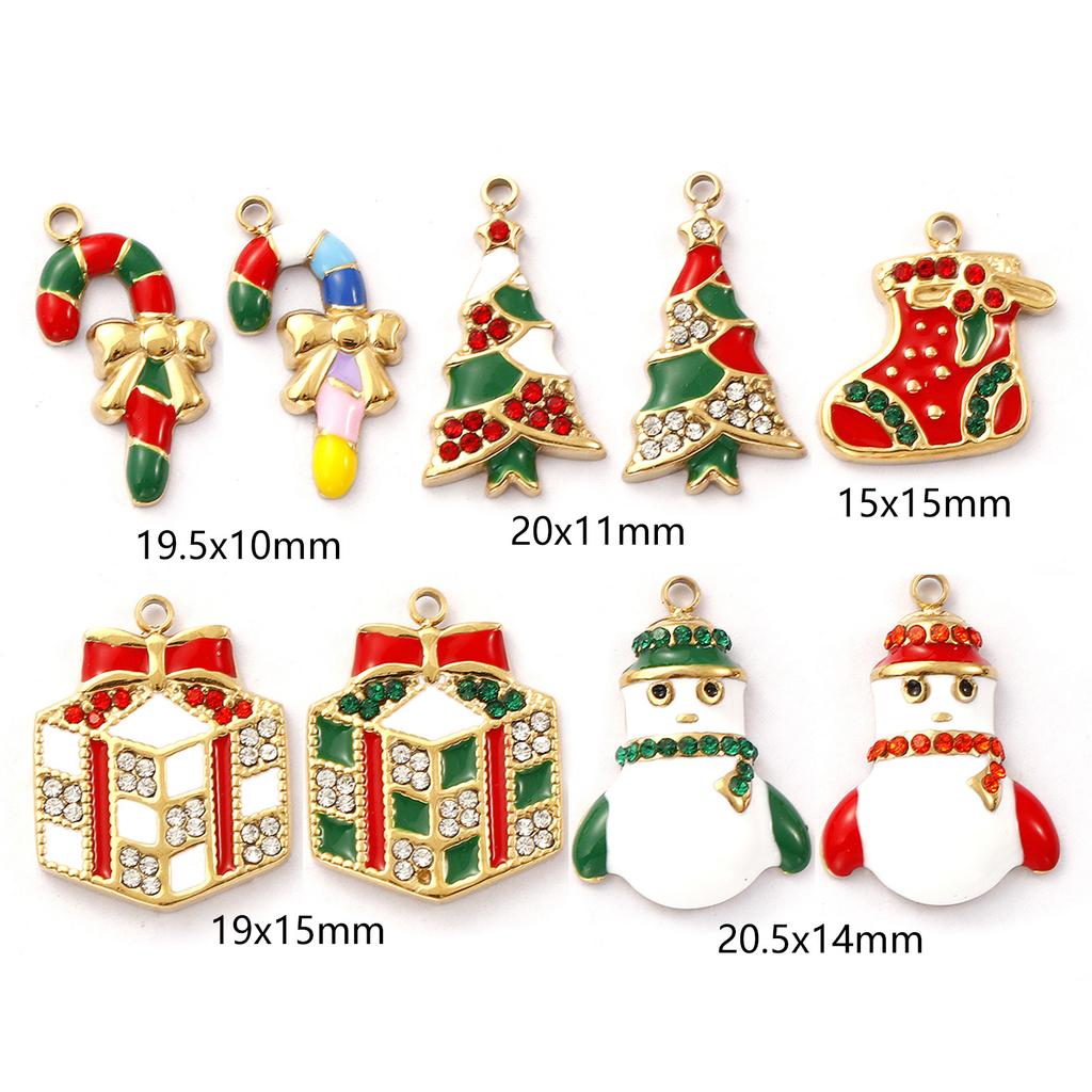 1 Piece 304 Stainless Steel Christmas Charms 18K Gold Plated Enamel Snowman Candy Cane Tree Pendant For Necklace Earrings Making