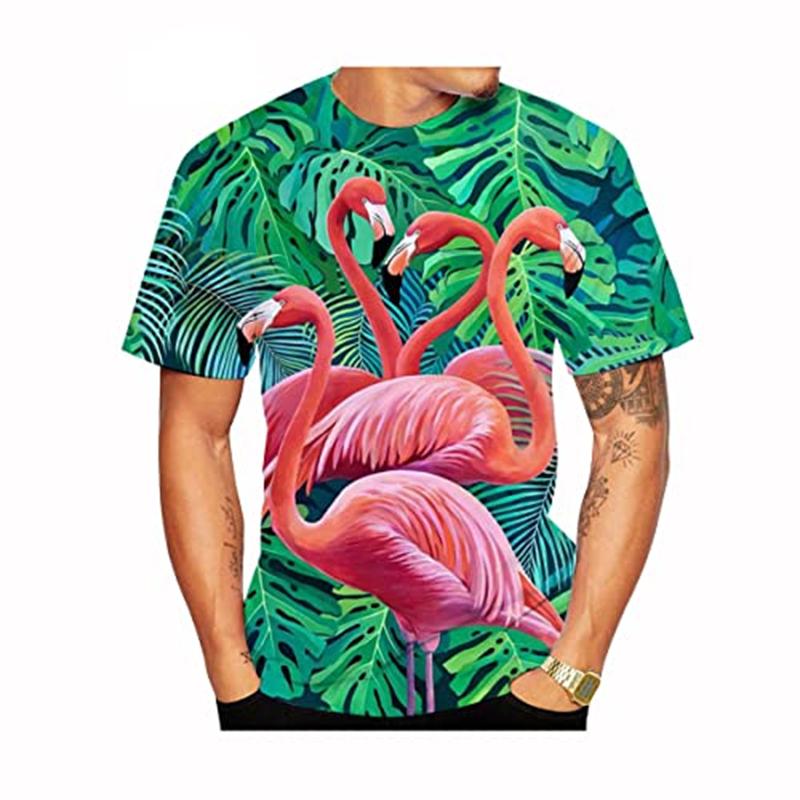 Summer Round Neck 3D Flamingo Pattern Print Top Fashionable Casual Short Sleeved Men's T-shirts