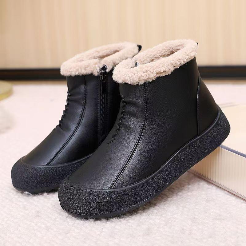 

Women Winter New Real Leather Ankle Snow Boots Thick Sole Non Slip Waterproof Round Toe Flat Sole Zippers Elderly Cotton Shoes 35 чорний