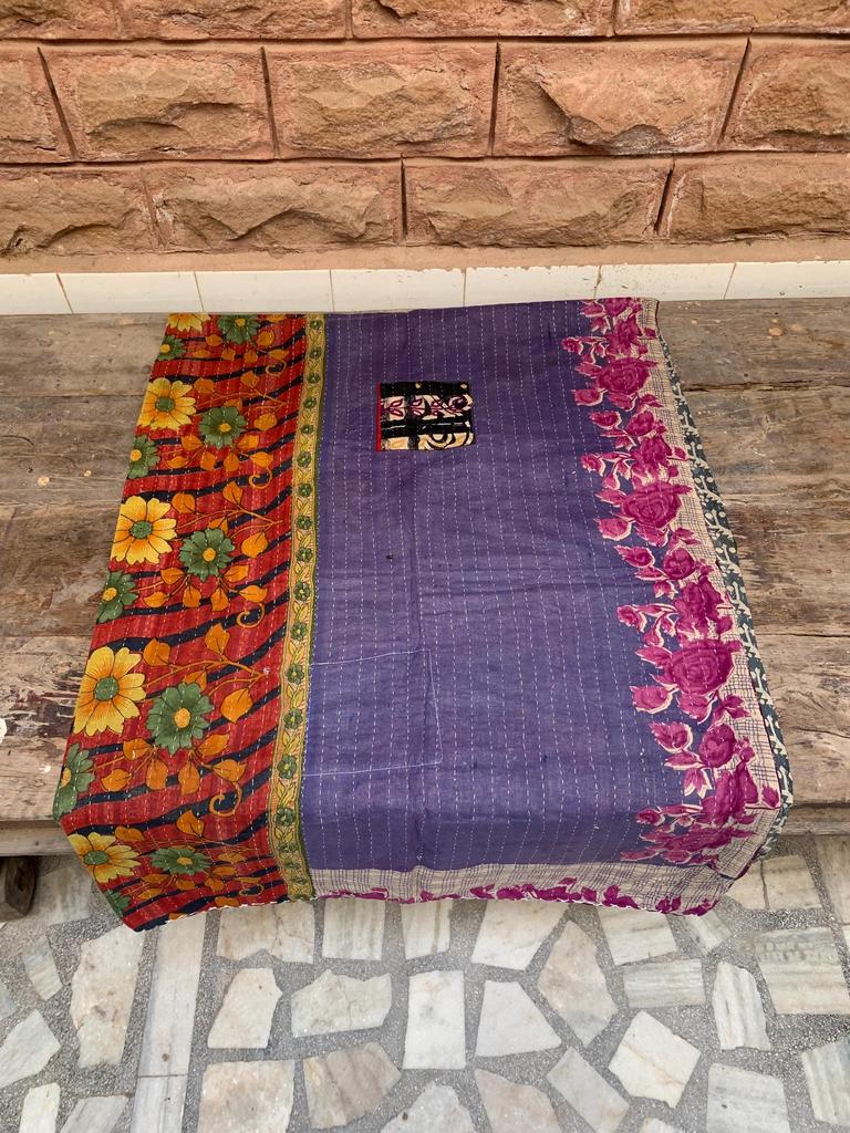 Handmade Kantha Quilt: Green Floral Vintage Sari Throw Blanket