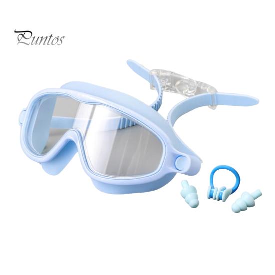 

Комплект очков для плавания с широким обзором, противотуманные очки для плавания с зажимами для носа и берушами, детские очки для бассейна без протеканий светло-синий