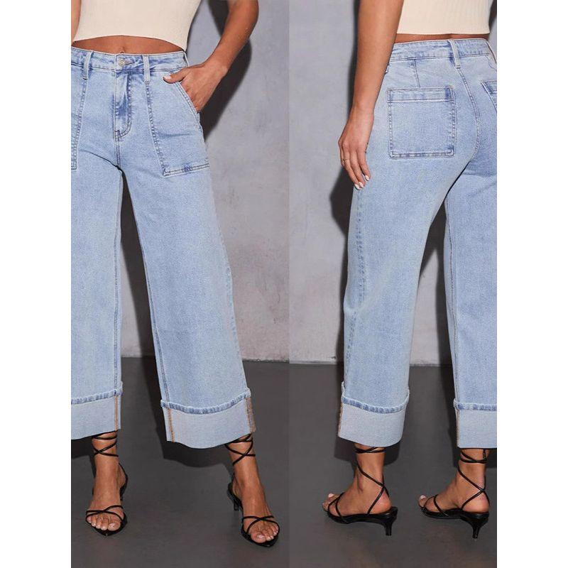 New Elastic Trousers Washed High Waist Jeans Fashion Casual Trendy All-Match Wide Leg Jeans Women
