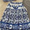 Blue & White Porcelain Print Camisole and High-Waist Midi Skirt Set for Women