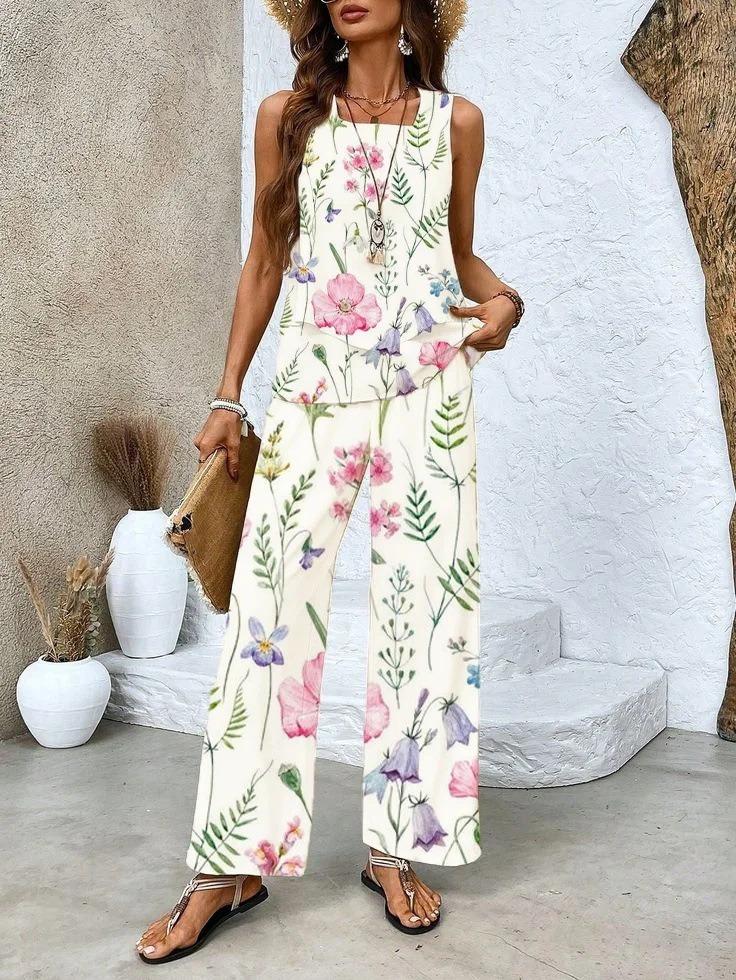 European and American new 1D printing women's fashion sleeveless trousers suit spring and summer women's suit