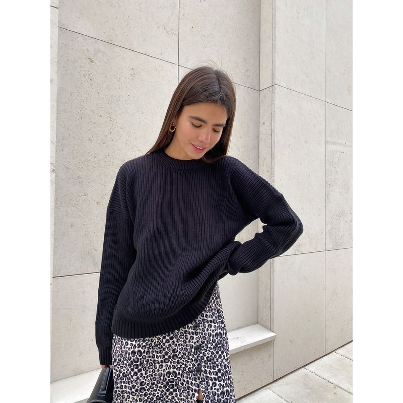 

Solid Color round Collar Loose Top Woman Pure Color round Neck Loose Top Female Black M