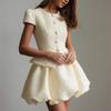 Tweed Puffy Sleeve Shirt Bubble Skirt Set Lady Retro Chic Solid Button Slim Shirts Mini Skirts Sets Women 2025 Party Outfits