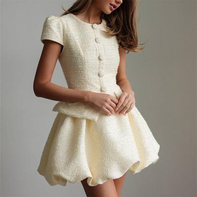 Set Cămașă Tweed cu Mâneci Bufante și Fustă Bule Doamnă Retro Chic Solid Buton Cămăși Slim Mini Fuste Seturi Femei 2025 Ținute de Petrecere