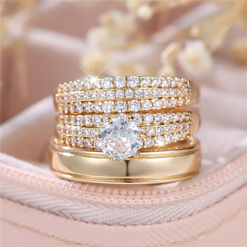 Female Luxury Crystal White Zircon Stone Engagement Ring Sets Cute Wedding Jewelry For Women