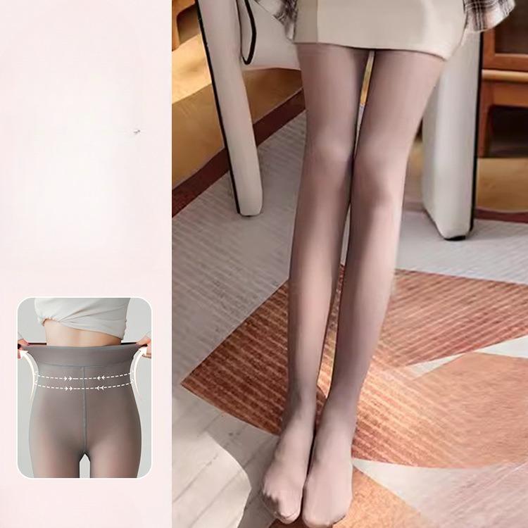 Autumn Winter Women's Fake Sheer Flesh Thickened See-Through Fleece Lined High Waist Black Pantyhose with Letter Print Bare Leg Effect
