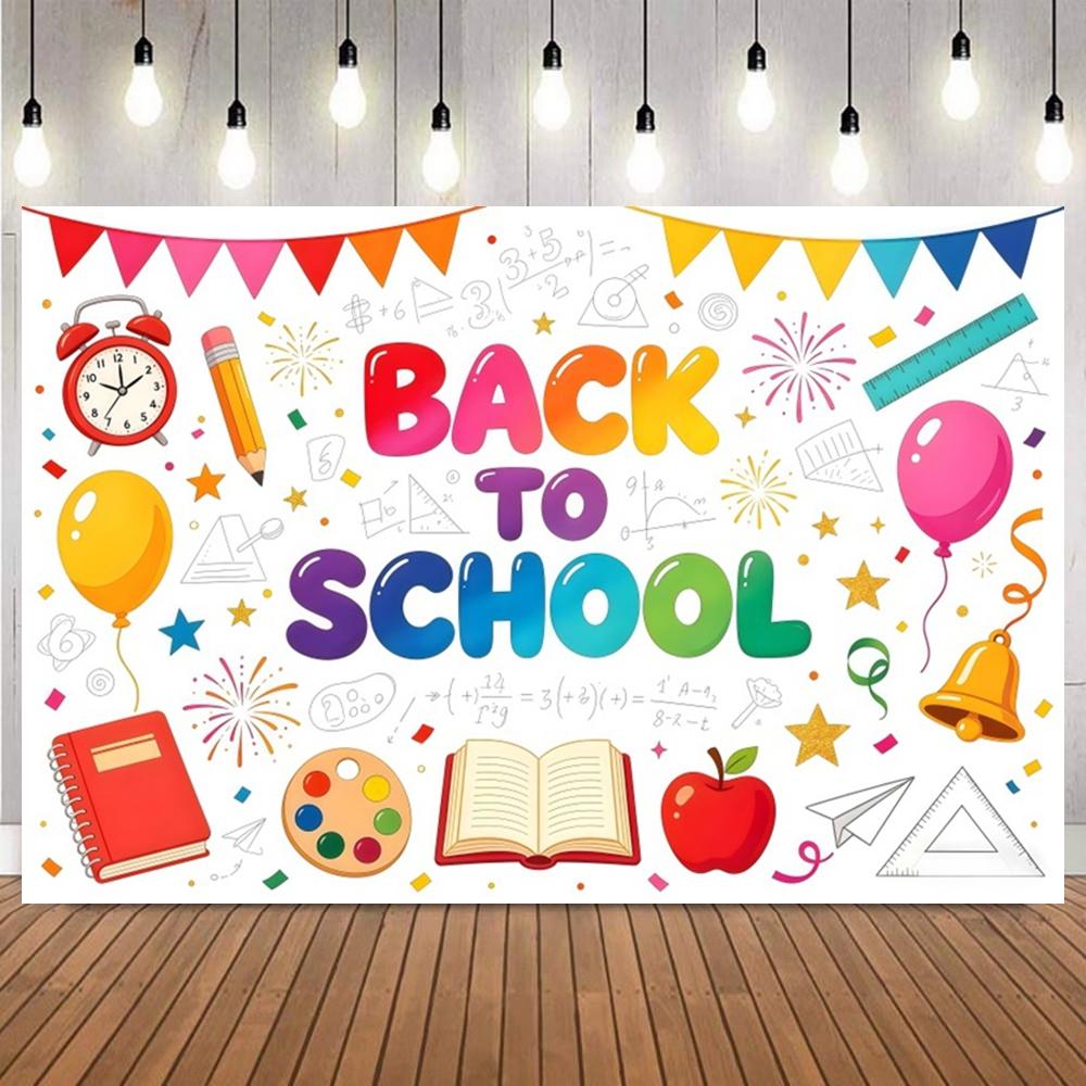 Back to School Rainbow Balloon Backdrop Stationery Pencil Ruler Backpack Globe Kids First Day of School Party Photo Backgrounds