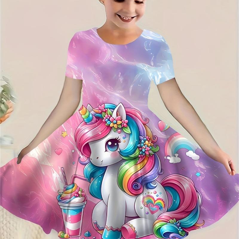 [Cartoon Unicorn Dress] Girls' Cartoon Unicorn Dress | 3D Short-Sleeved Summer Holiday Casual Personalized Stitching Top Clothing Skirt