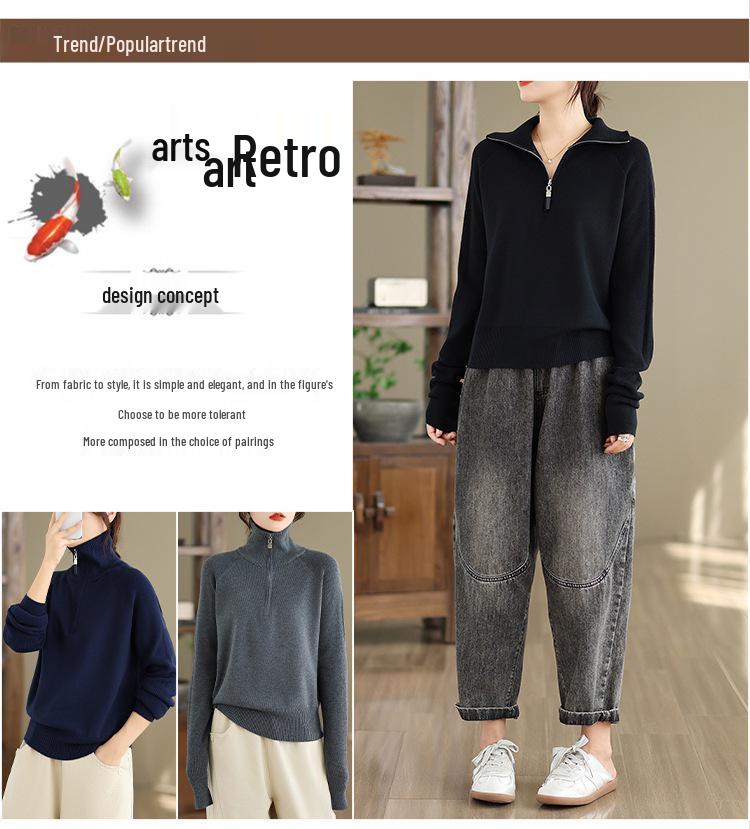 Autumn/Winter 2025 Women's High Neck Zipper Knit Sweater - Japanese Korean Style