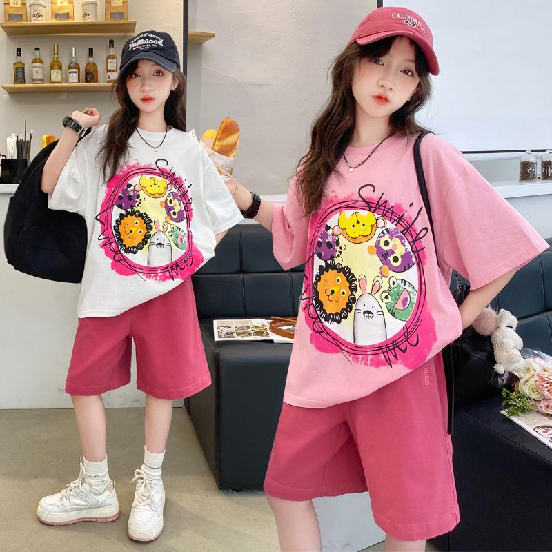 Girls' shorts set, summer new style, children's wear, summer wear, sports girl, big girl, stylish summer style, short sleeved two-piece set