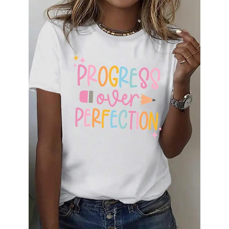 Women S Fashion T-Shirt, Printed Design Round Neck T-Shirt, Casual Short Sleeve Round Neck T-Shirt for Women. S белый