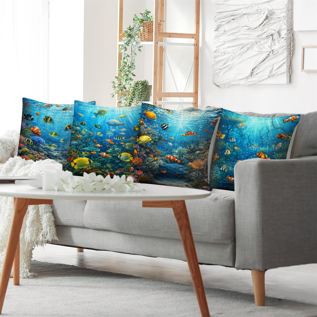 Tropical Coral Reef Pillow Covers, Vibrant Underwater Fish Decorative Throw Pillow Cases, Ocean Marine Home Decor Cushion Covers