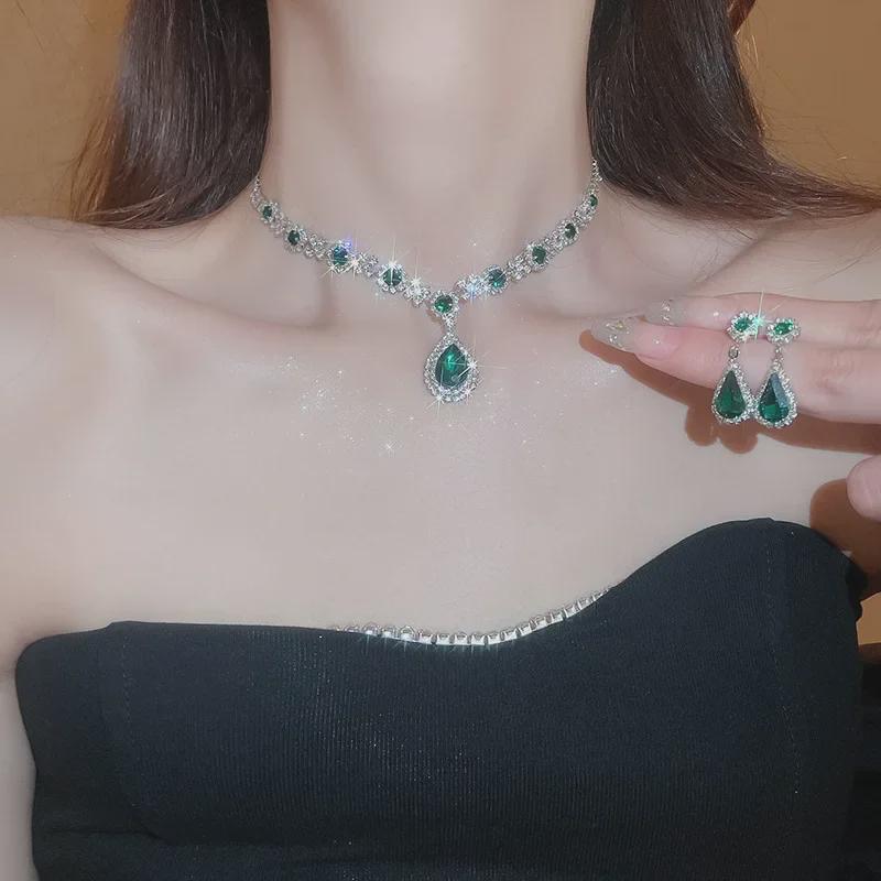 Light Luxury Zircon Drop Earrings & Diamond-Inlaid Clavicle Necklace Set for Women – High-End, Niche Style