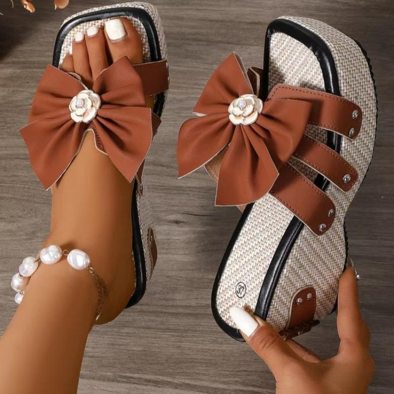 Fashion Wedge Thick-Soled Women's Sandals 2025 Summer New Rivet Belt Buckle Bow One-Word Waterproof Platform Slippers