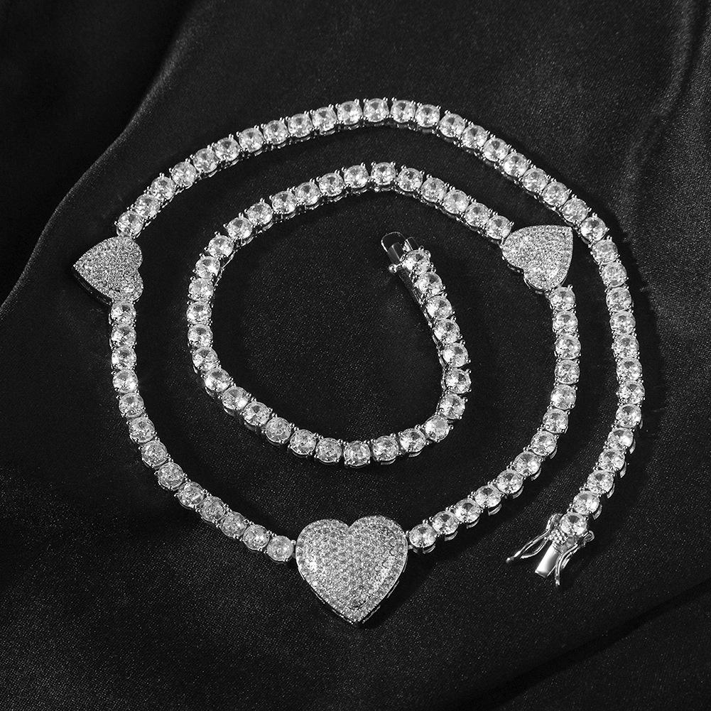 Cross-border Trendy 5A Grade Zircon 4mm Hip Hop Cuban Chain Necklace for Both Men Women Heart-shaped Clasp Silver 18K Gold