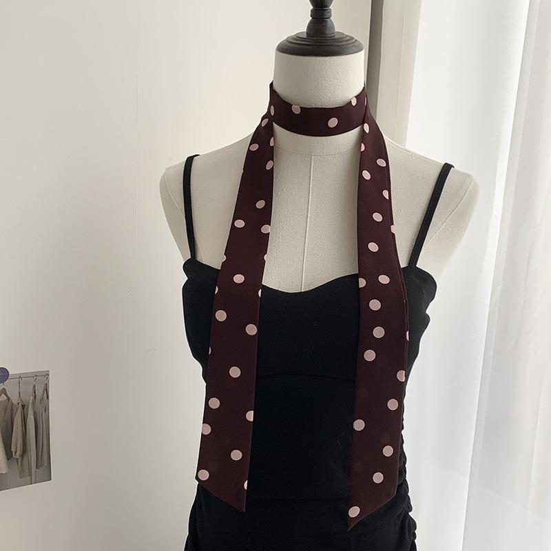 Silk scarf long strip high-end thin and narrow scarf women wear silk scarf polka dot plaid printing streamer