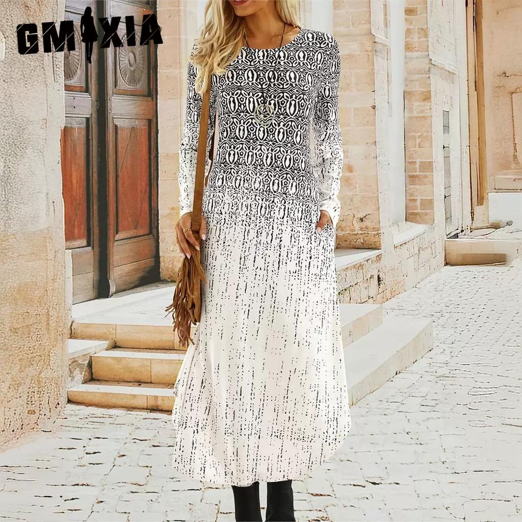 GMXIA Women's Crew Neck Pocket Long Sleeve Casual Print Dress