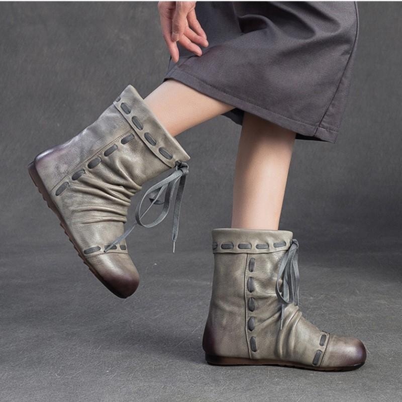 Fashion GKTINOO 2025 Autumn/Winter New Genuine Leather Pleated Round Toe Short Boots Retro Soft Soled Versatile Women's Shoes