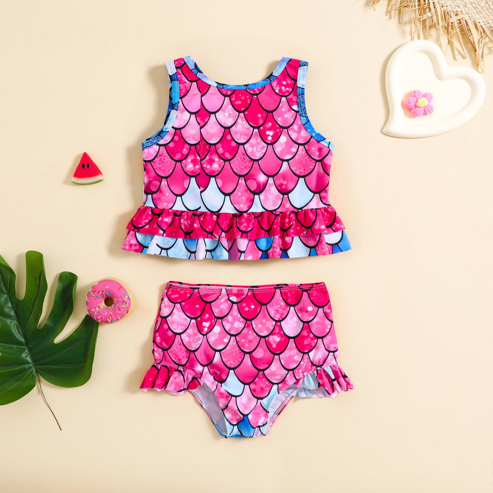 

Exclusive Girls Fish Scale Print Swimsuit Set Size 90 розы красного