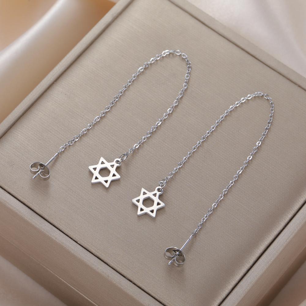 Dawapara Judaic Star of David Tassels Long Earrings for Women Minimalist Hexagram Threader Earrings Stainless Steel Jewelry