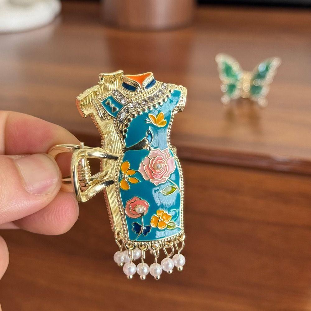 enamel Chinese Style Hair Claw Pearl Metal Shark Clip Cheongsam Design Hair Clip  Girls