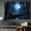 2D Full Moon Forest Banner, Dark Blue Night Woods with Fallen Tree