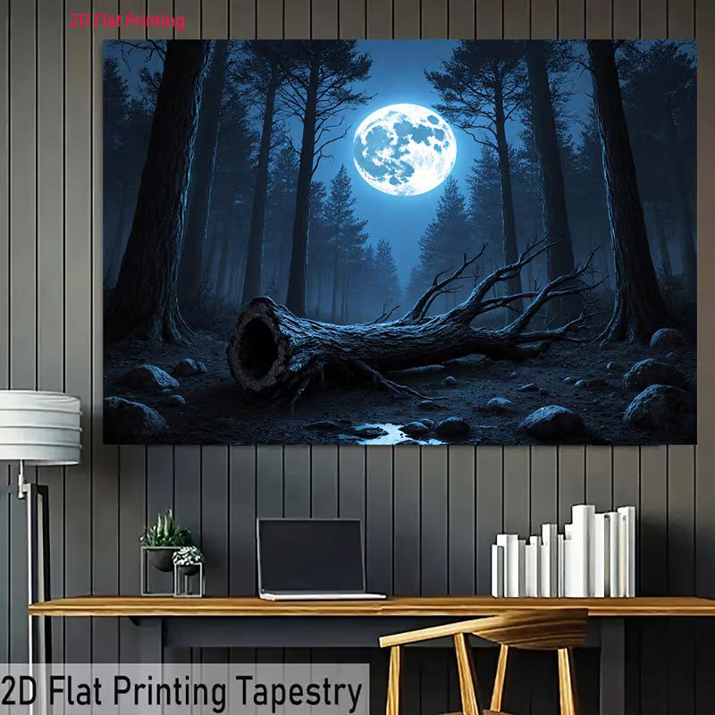 2D Full Moon Forest Banner, Dark Blue Night Woods with Fallen Tree