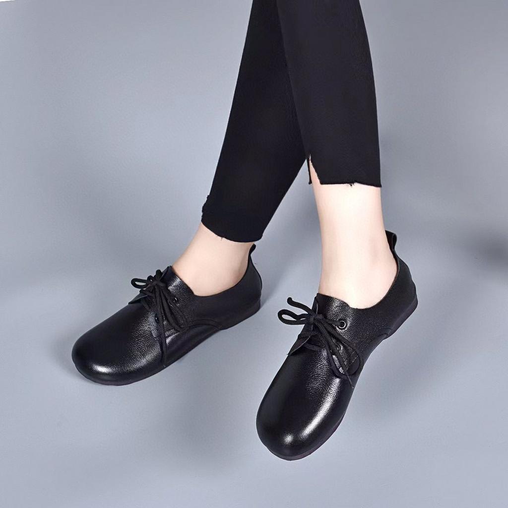 Round head single shoes women's autumn new first-layer cowhide lace-up soft sole soft surface casual shoes lazy shoes
